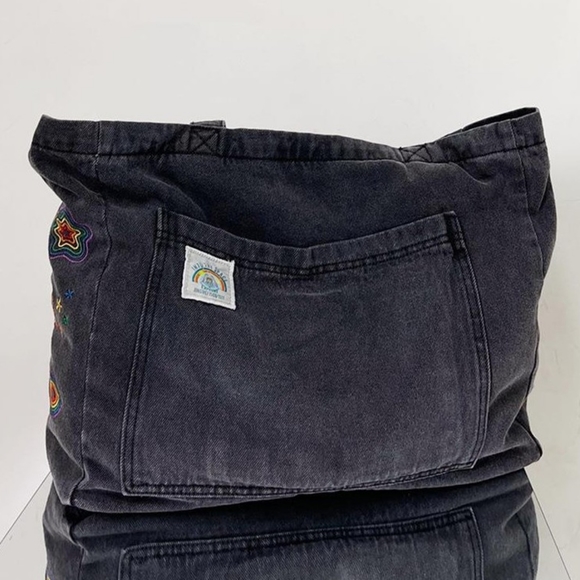 Oversized Denim Smoke Grey Embroidered  Canvas Bag Messager Bag with Zipper - Picture 3 of 13